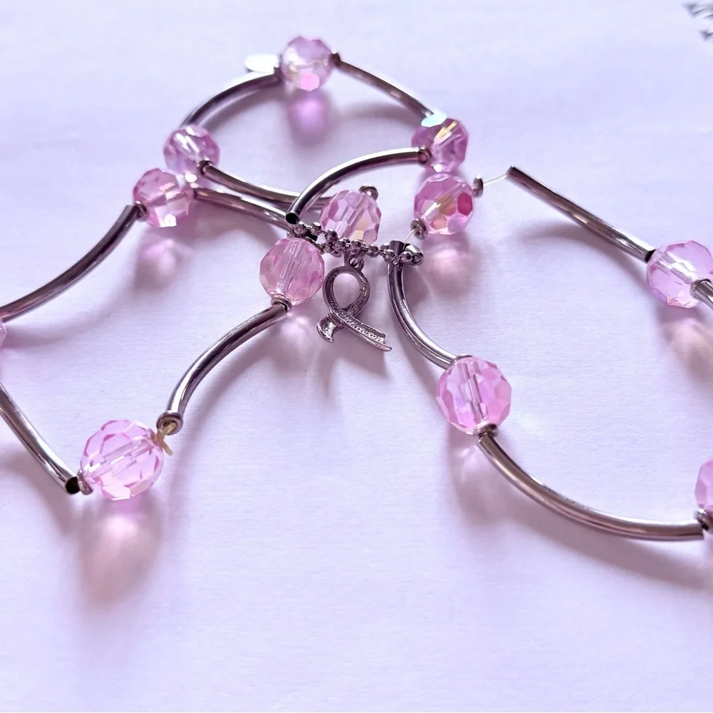 🩷 Breast Cancer Awareness Pink Faceted Beaded Bracelet Set of 3 by Cookie Lee - Picture 2 of 7